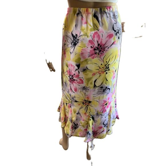 Tanjay Yellow Floral Print Ruffled Hem Elastic Waistband Peasant Skirt Size 16 - Picture 6 of 12
